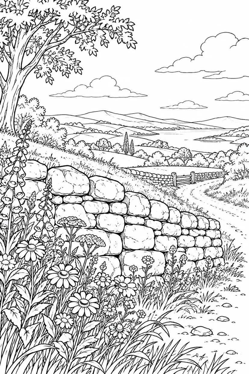 自然のひとこま：野の花が咲く石垣の塗り絵