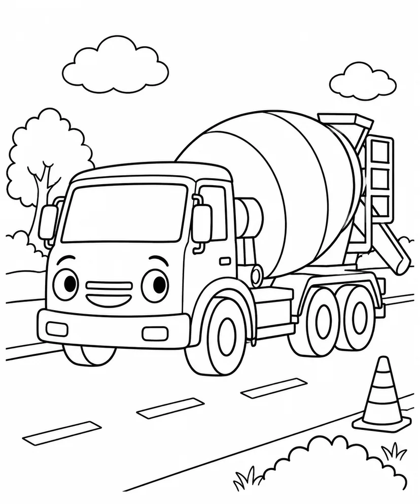 ミキサー車と道路の塗り絵