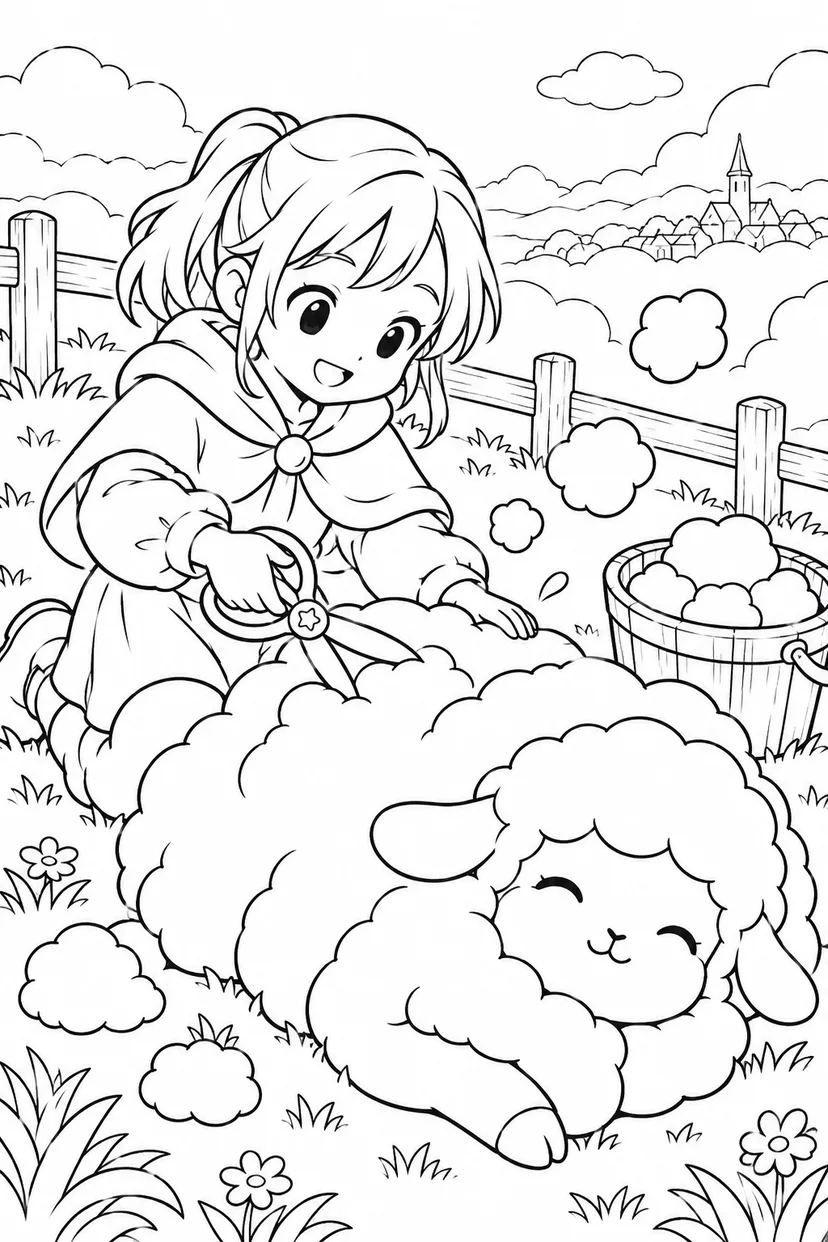雲のひつじの毛がりの塗り絵