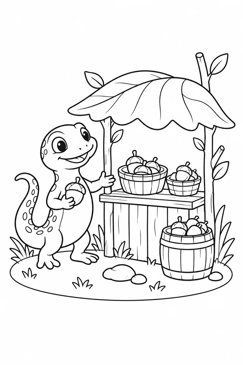 トカゲとどんぐりの屋台の塗り絵