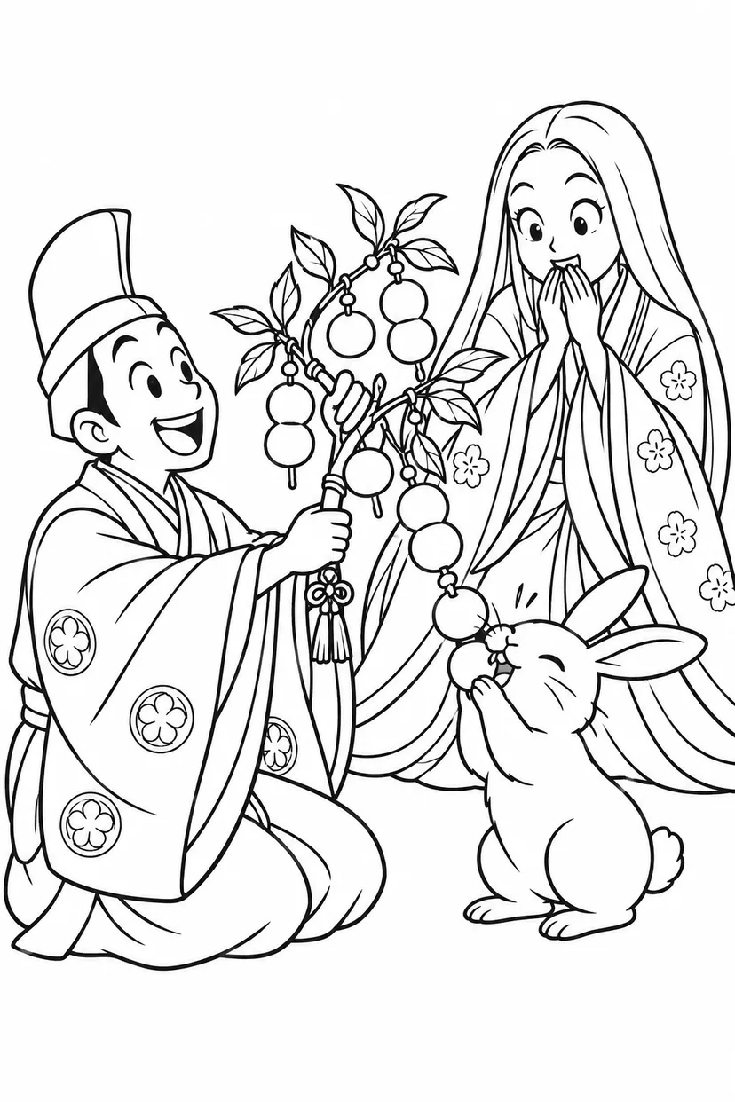 かぐや姫とおだんごの玉の枝の塗り絵