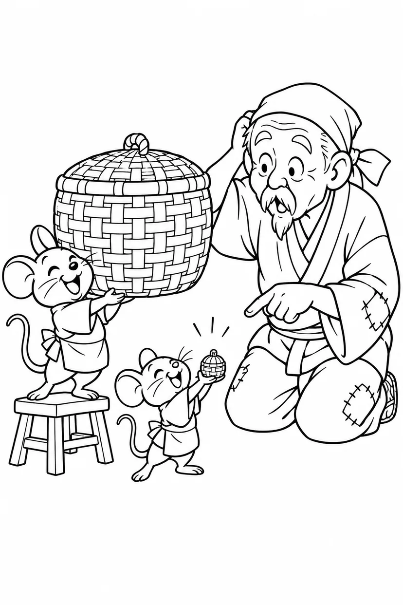 おむすびころりん・ギャグ：大きなつづらと小さなつづらの塗り絵