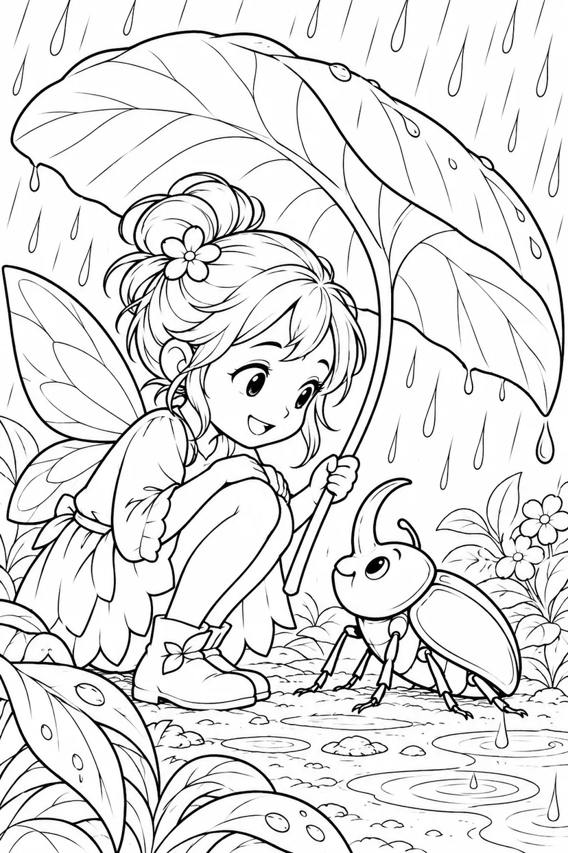 葉っぱの傘で雨やどりの塗り絵