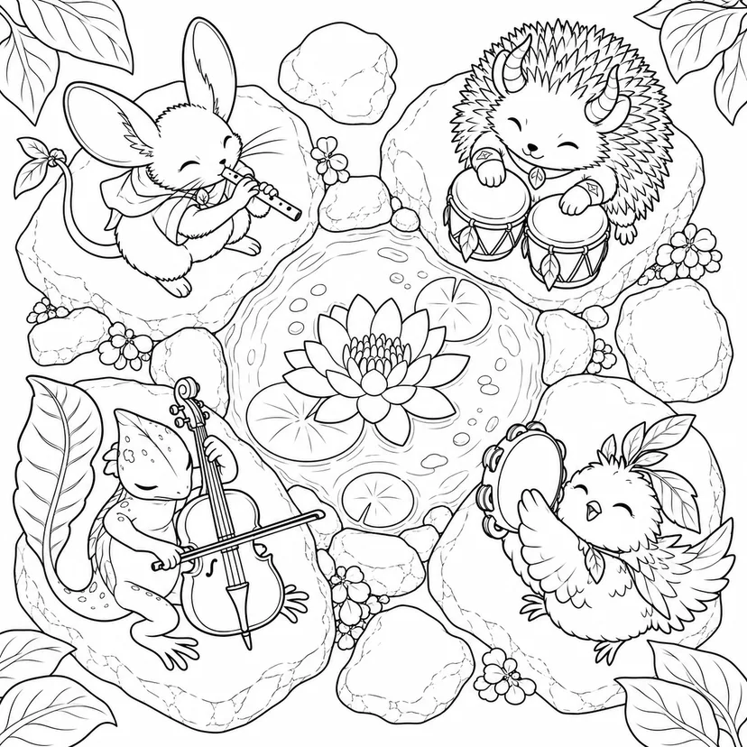 泉を囲む幻獣の音楽会の塗り絵