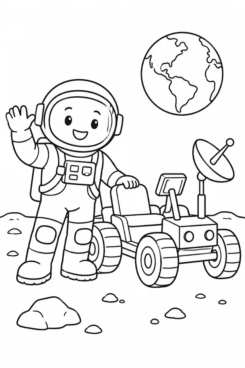 宇宙飛行士と月面車の塗り絵