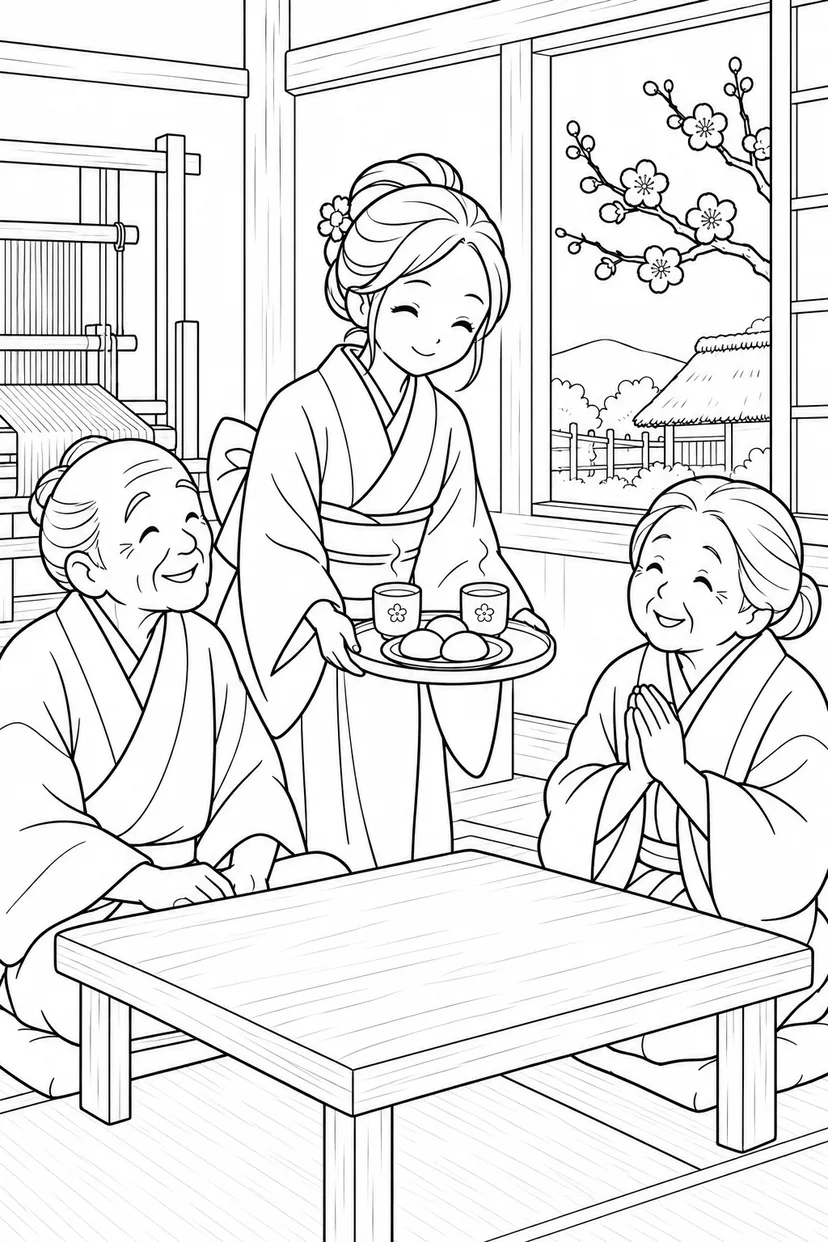 つるの恩返し：梅の窓辺でお茶の時間の塗り絵