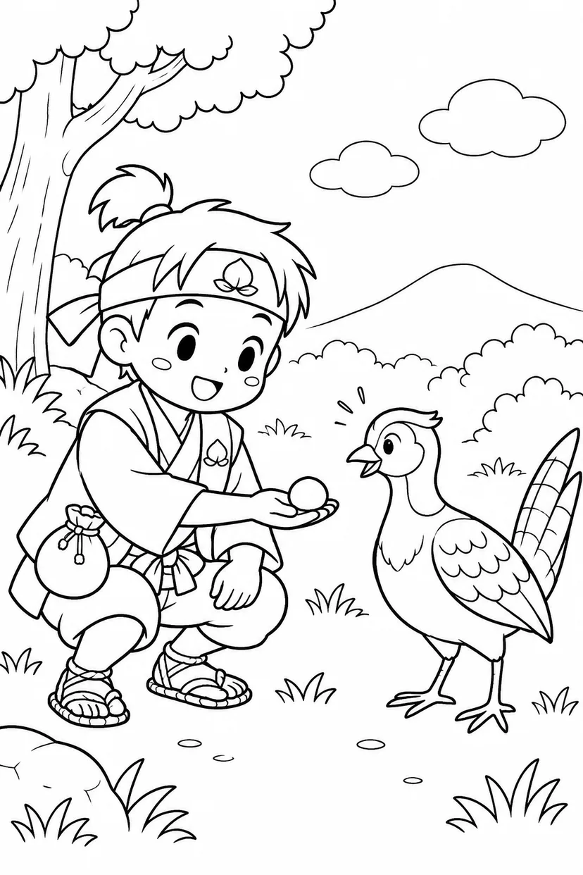 ほっこり桃太郎：雉にきびだんごをどうぞの塗り絵