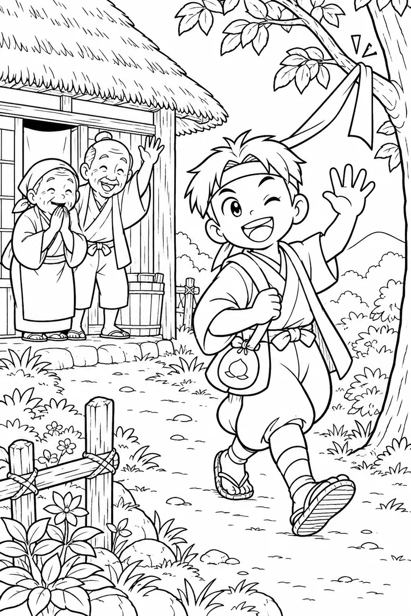 ギャグ桃太郎：桃太郎と家族のお見送りの塗り絵