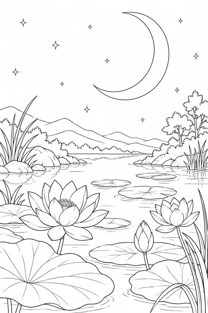 蓮の葉の池と三日月の塗り絵