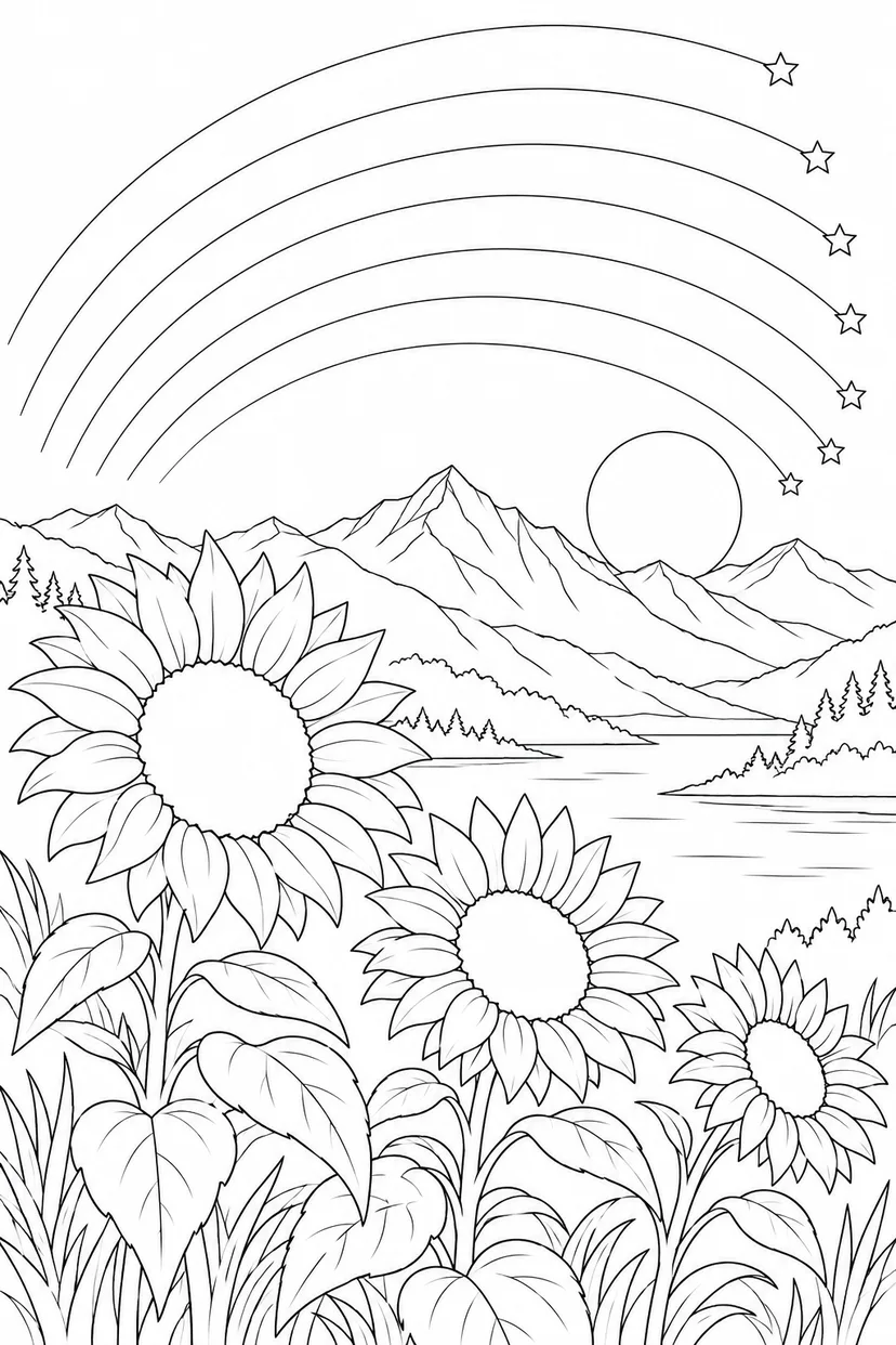 ヒマワリと遠い山並みと星の軌跡の塗り絵