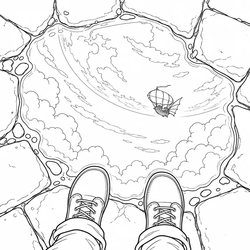 空を映す小さな水たまりの塗り絵