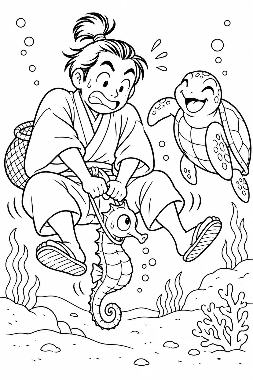 浦島太郎：タツノオトシゴは小さすぎた（ギャグ）の塗り絵
