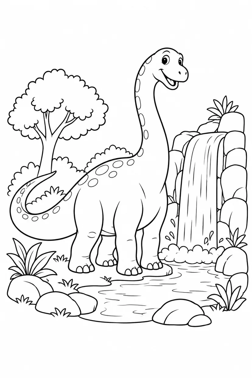 ディプロドクスと滝の池の塗り絵