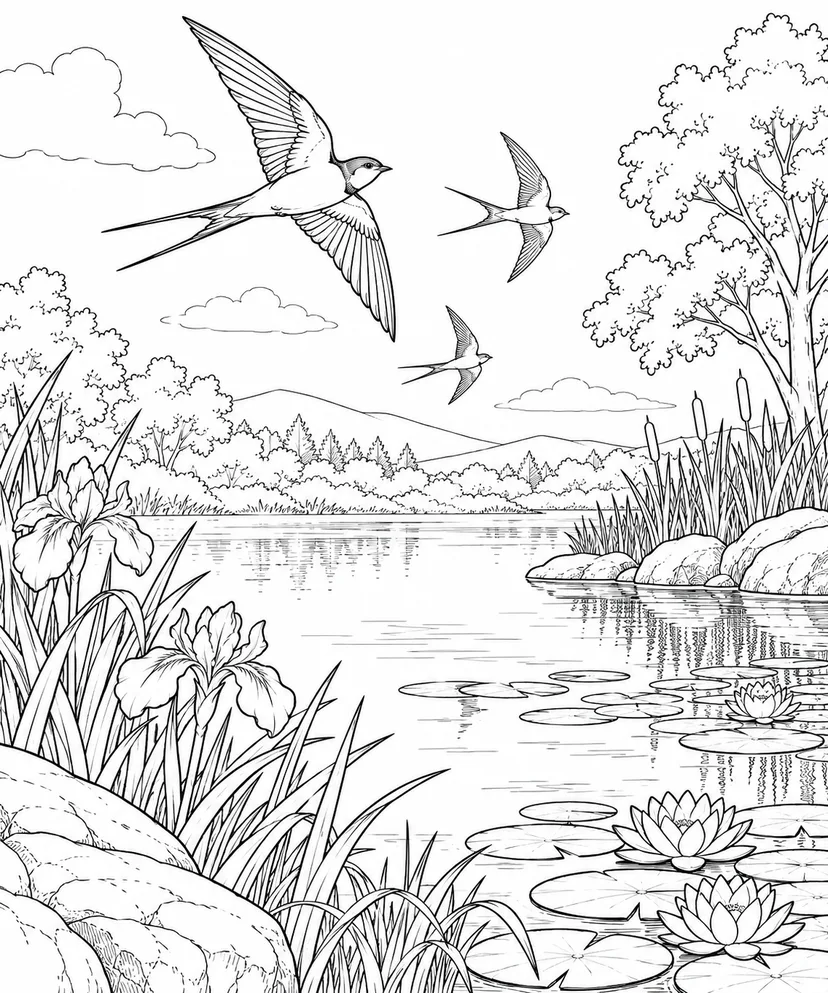 自然のひとこま：ツバメと静かな池の塗り絵