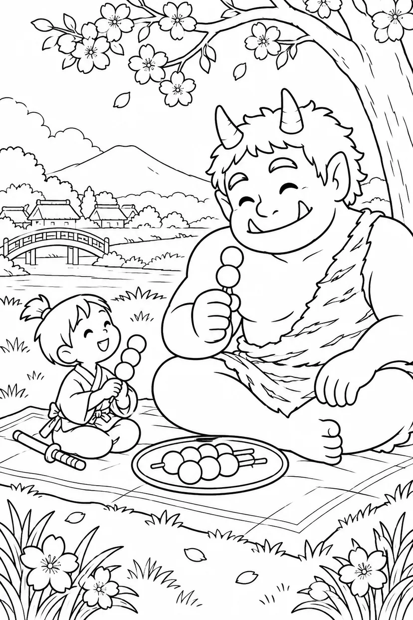 一寸法師・鬼とも分ける花見だんごの塗り絵