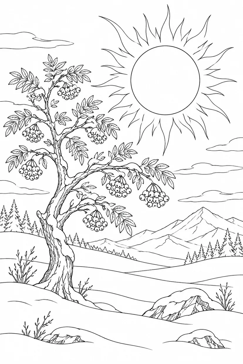 雪原のナナカマドと日食の光の輪の塗り絵