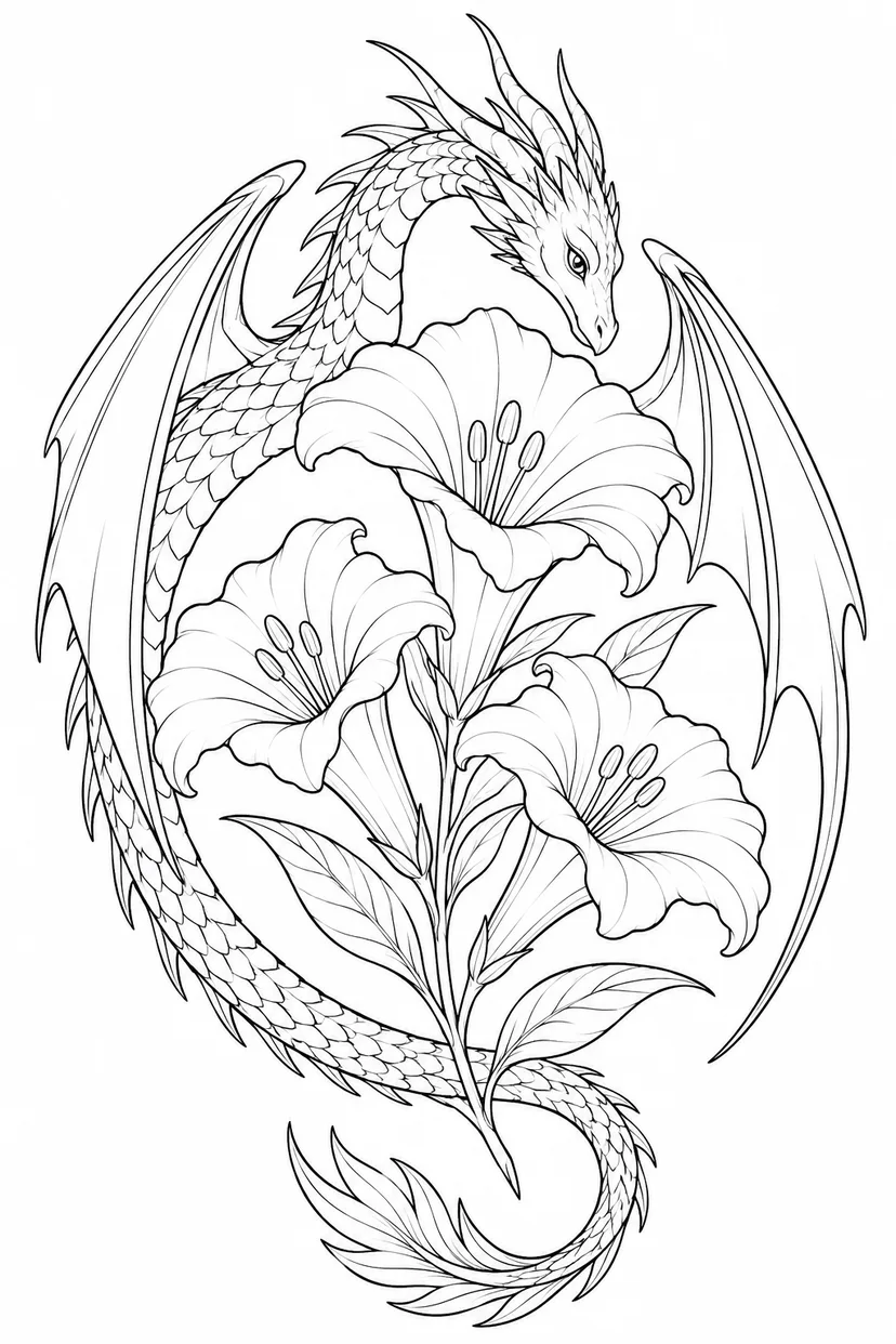 花のラッパを囲む竜の輪の塗り絵