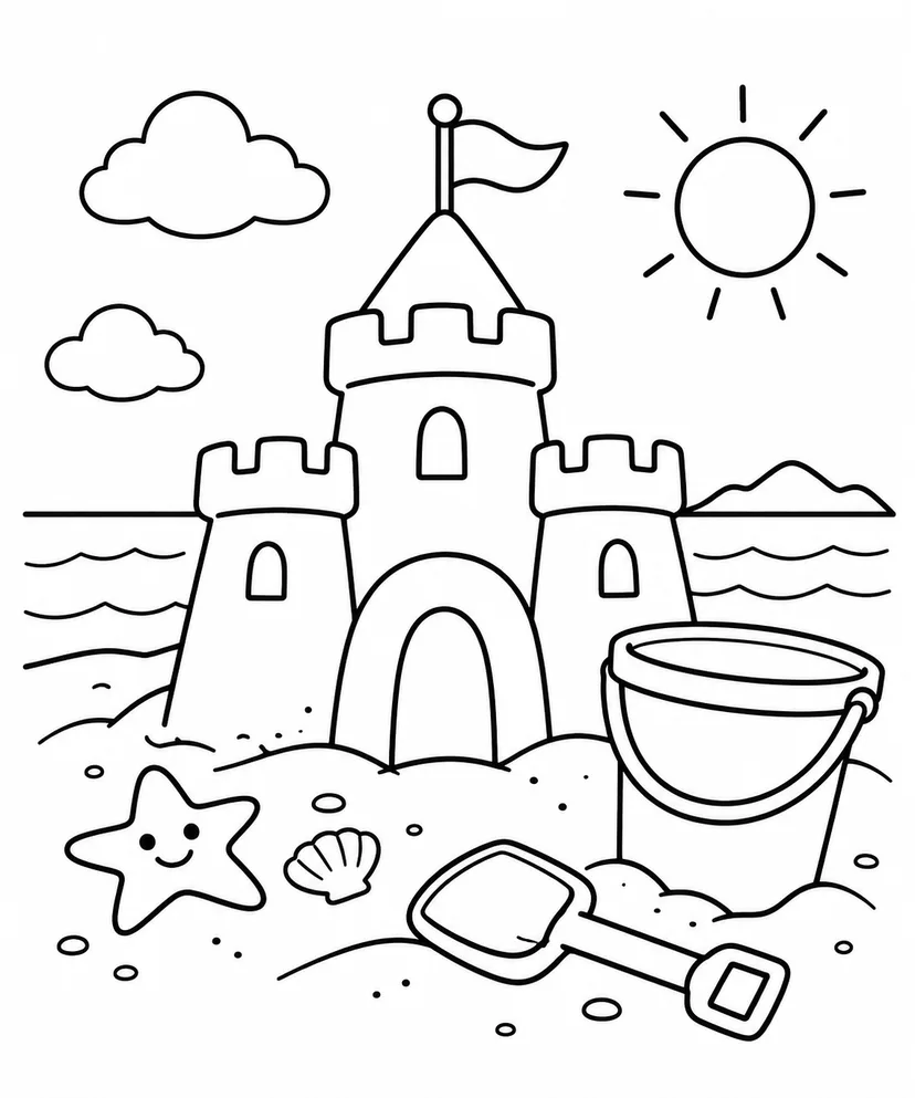 砂のお城とバケツの塗り絵