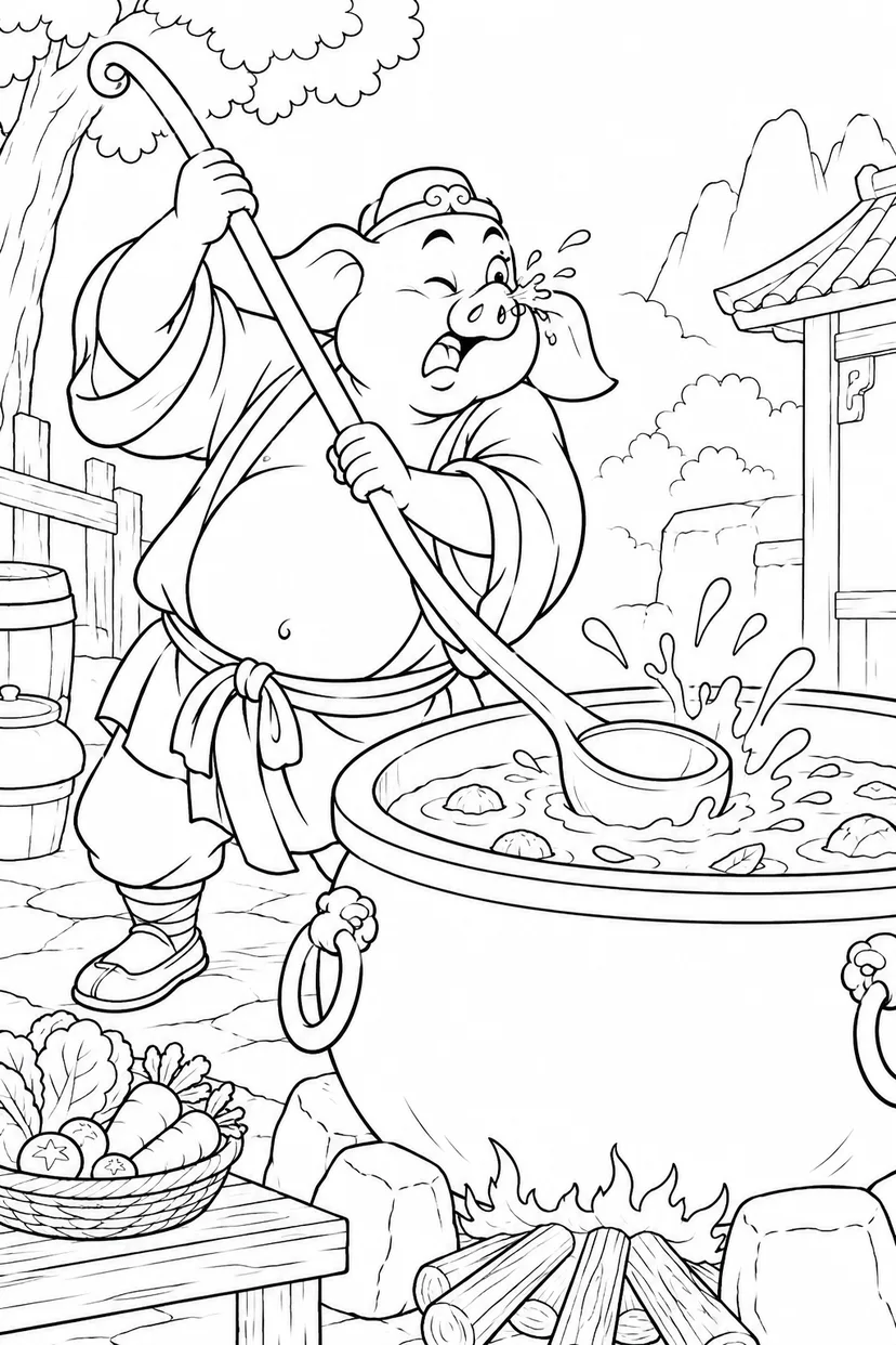 どたばた西遊記：八戒と旅の料理鍋の塗り絵