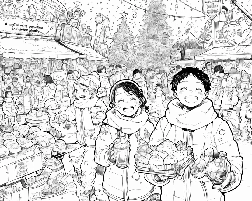 冬のマーケットでの楽しいひとときの塗り絵
