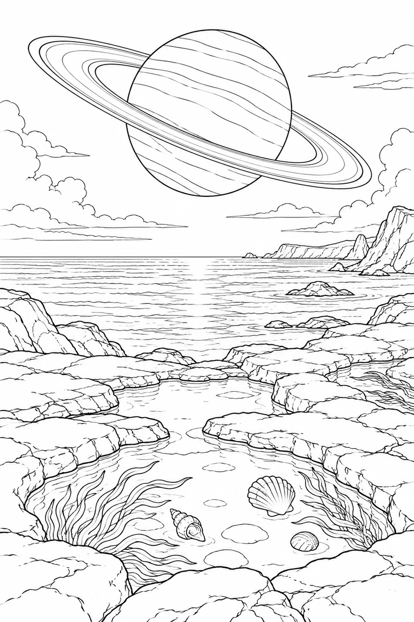 潮だまりの岩礁と環のある惑星の塗り絵