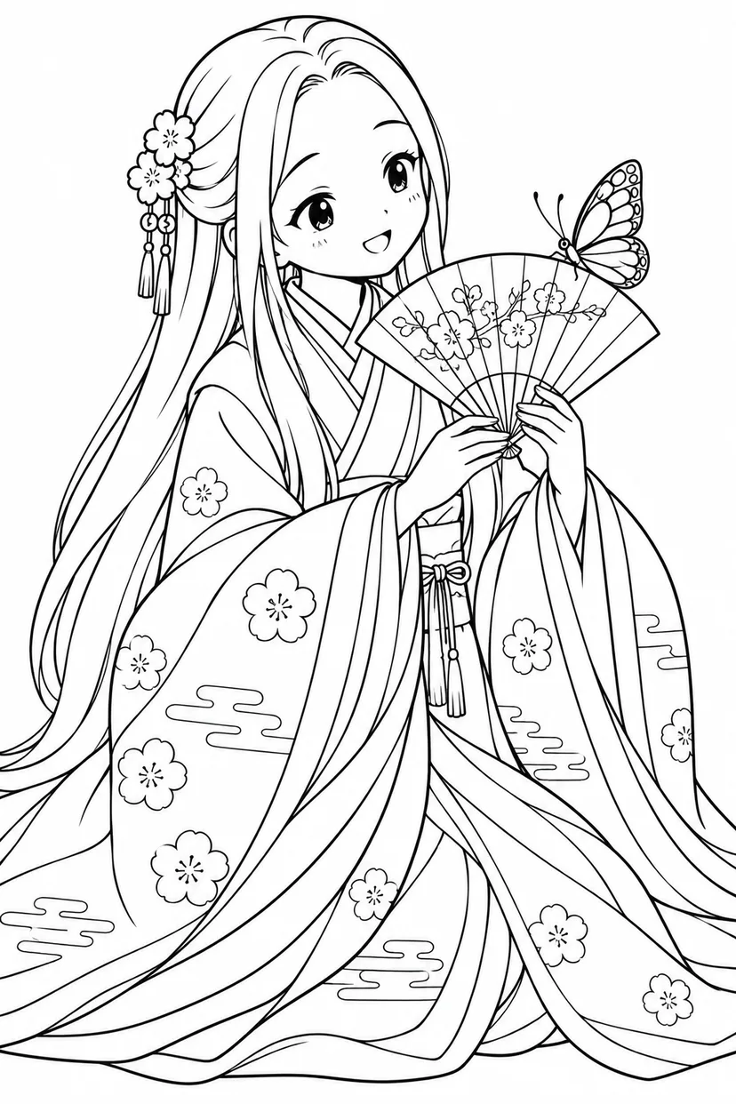 かぐや姫の扇とちょうちょの塗り絵