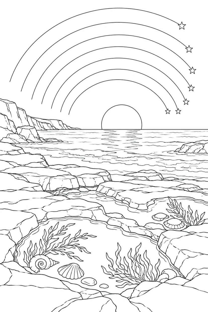 潮だまりの岩礁と星の軌跡の塗り絵