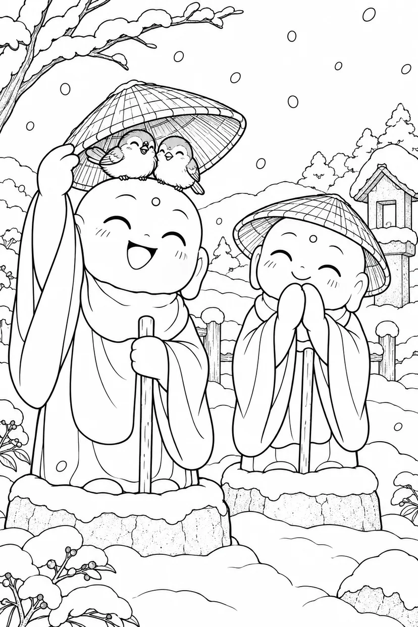 かさじぞう・笠からぴょこんとすずめの塗り絵