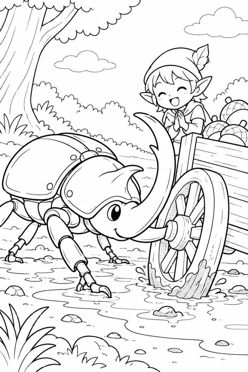 荷車を助けるカブトムシ騎士の塗り絵