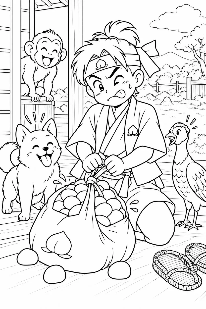 ギャグ桃太郎：桃太郎の旅支度の塗り絵