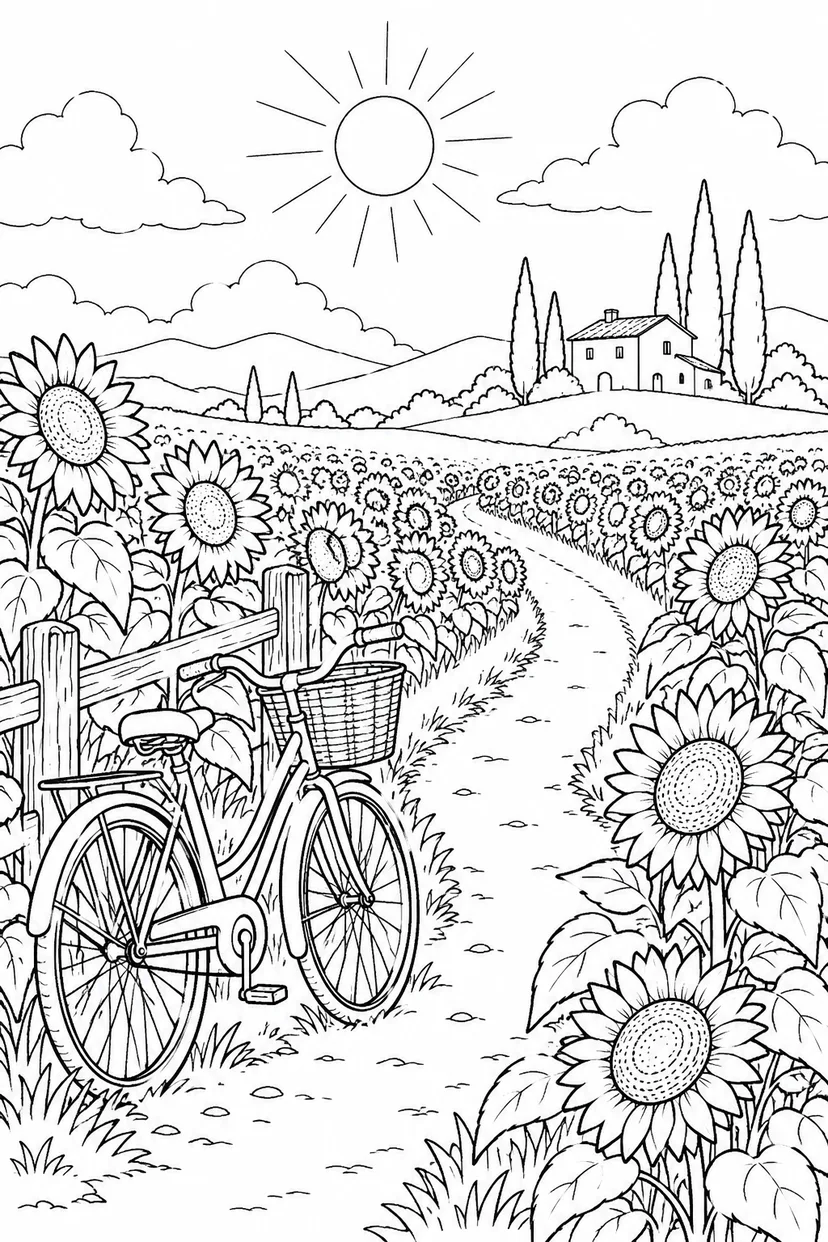 向日葵の畑を抜ける自転車道の塗り絵