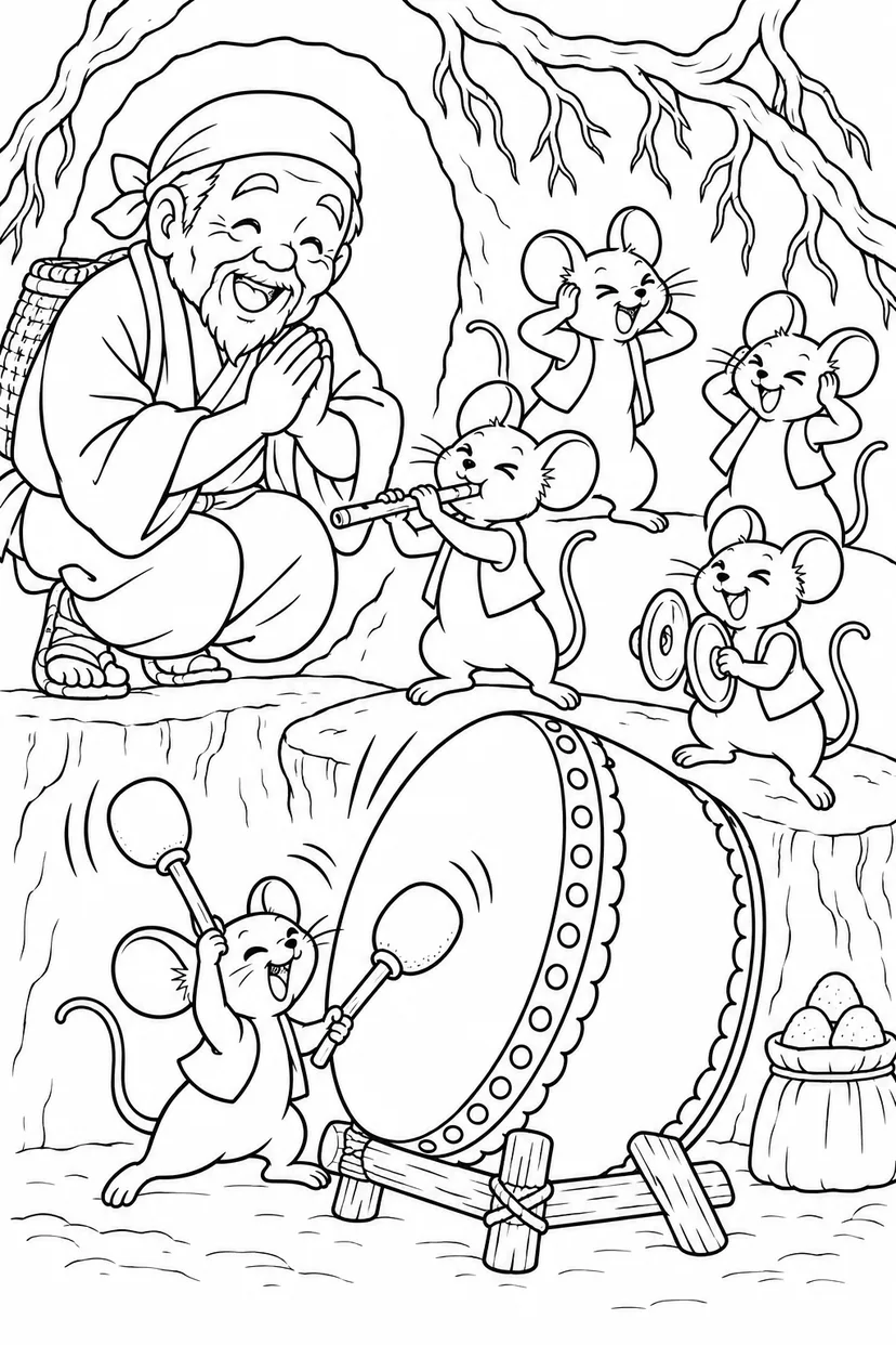 おむすびころりん・ギャグ：ねずみの楽隊の塗り絵