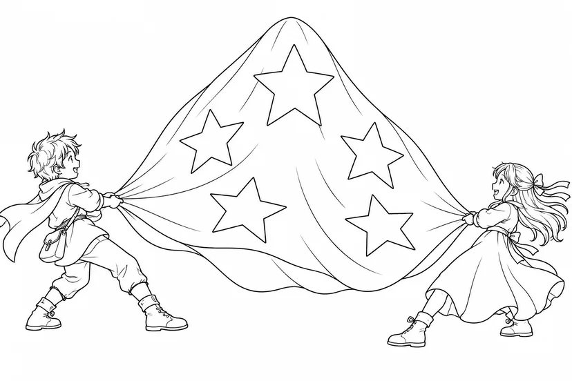 夜空の布を引く二人の子どもの塗り絵