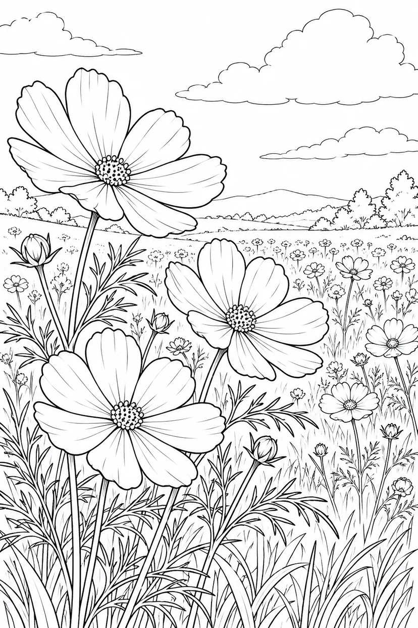 自然のひとこま：コスモスの花と細い葉の塗り絵