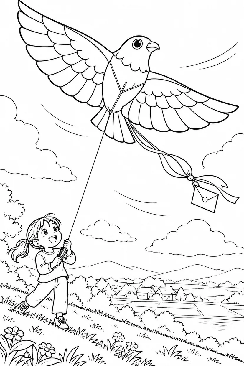 風のたよりを運ぶ凧の塗り絵