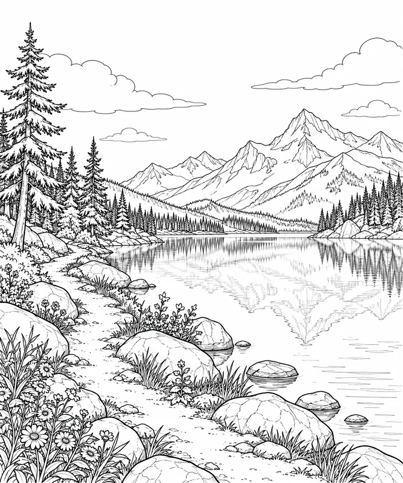 自然のひとこま：山を映す静かな湖の塗り絵