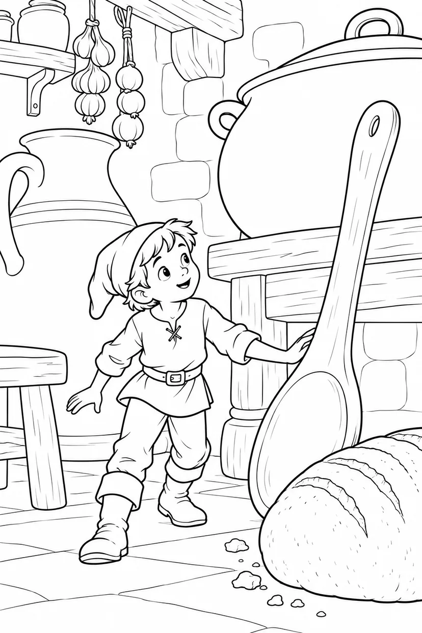 Jack and the Beanstalk・Heartwarming — Exploring the giant kitchen coloring page