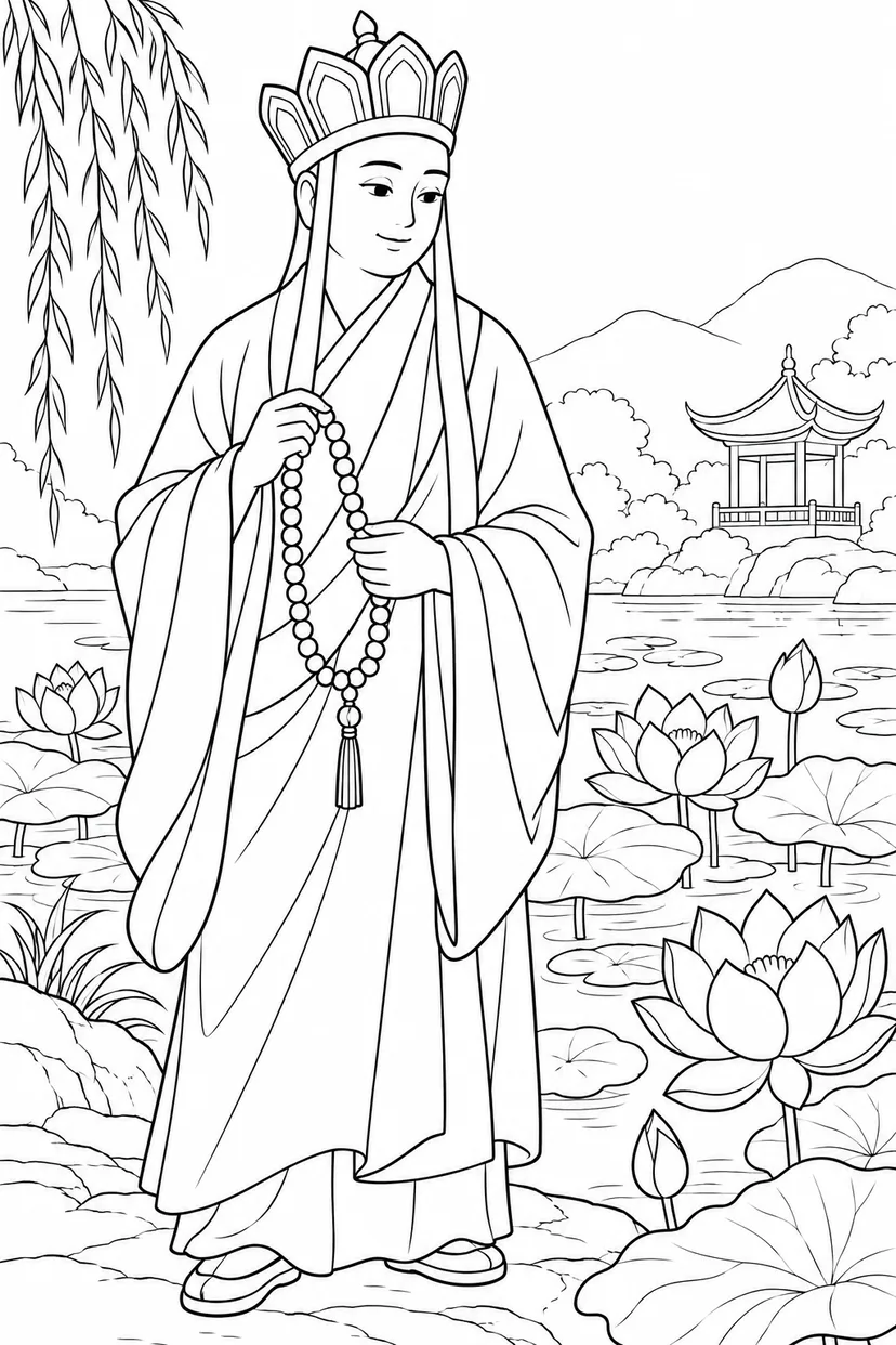 ほっこり西遊記：三蔵と蓮の池の塗り絵