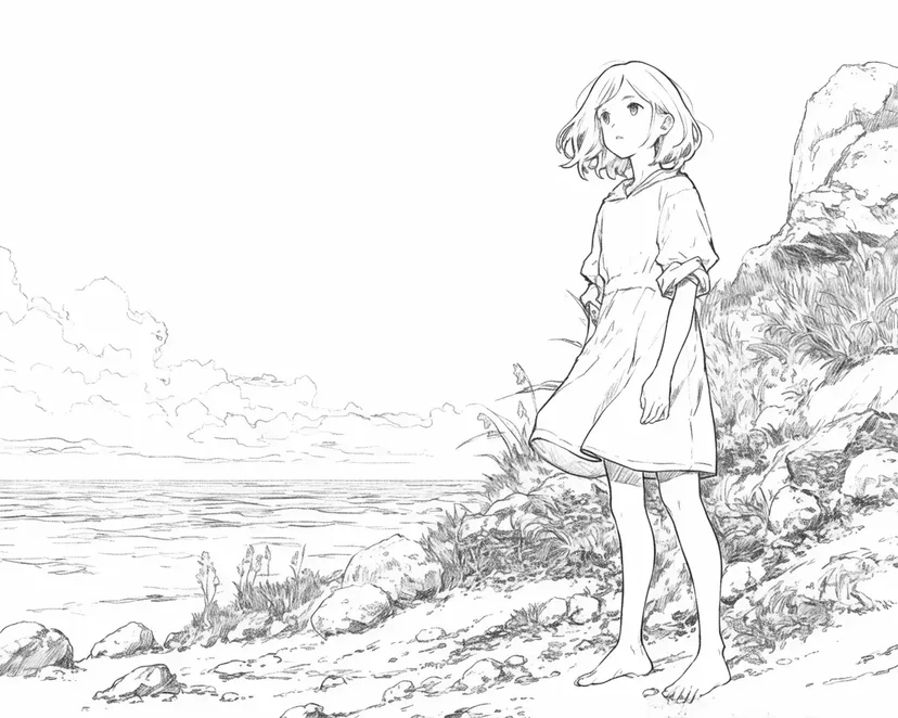 海辺の少女の塗り絵