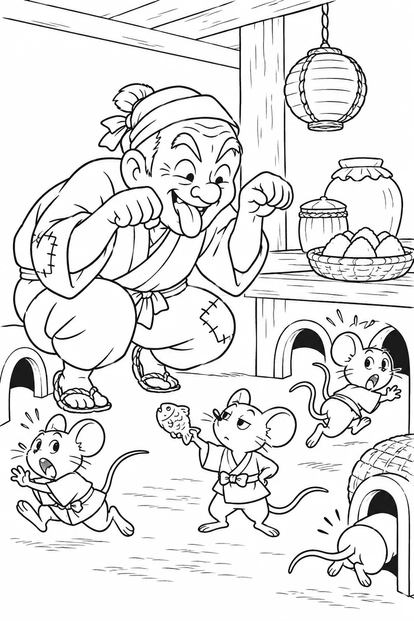 おむすびころりん・ギャグ：猫のまねにびっくりの塗り絵