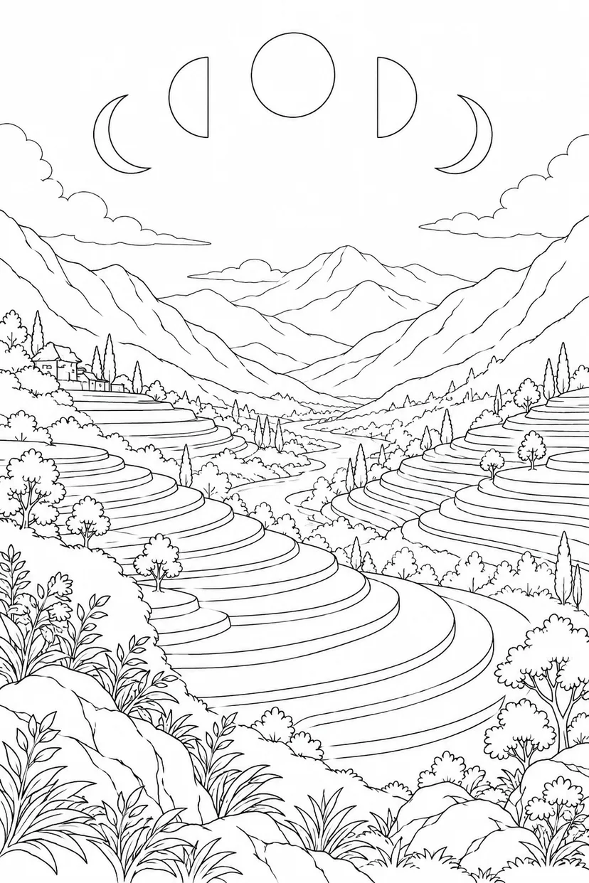 段々畑の谷と月の満ち欠けの塗り絵