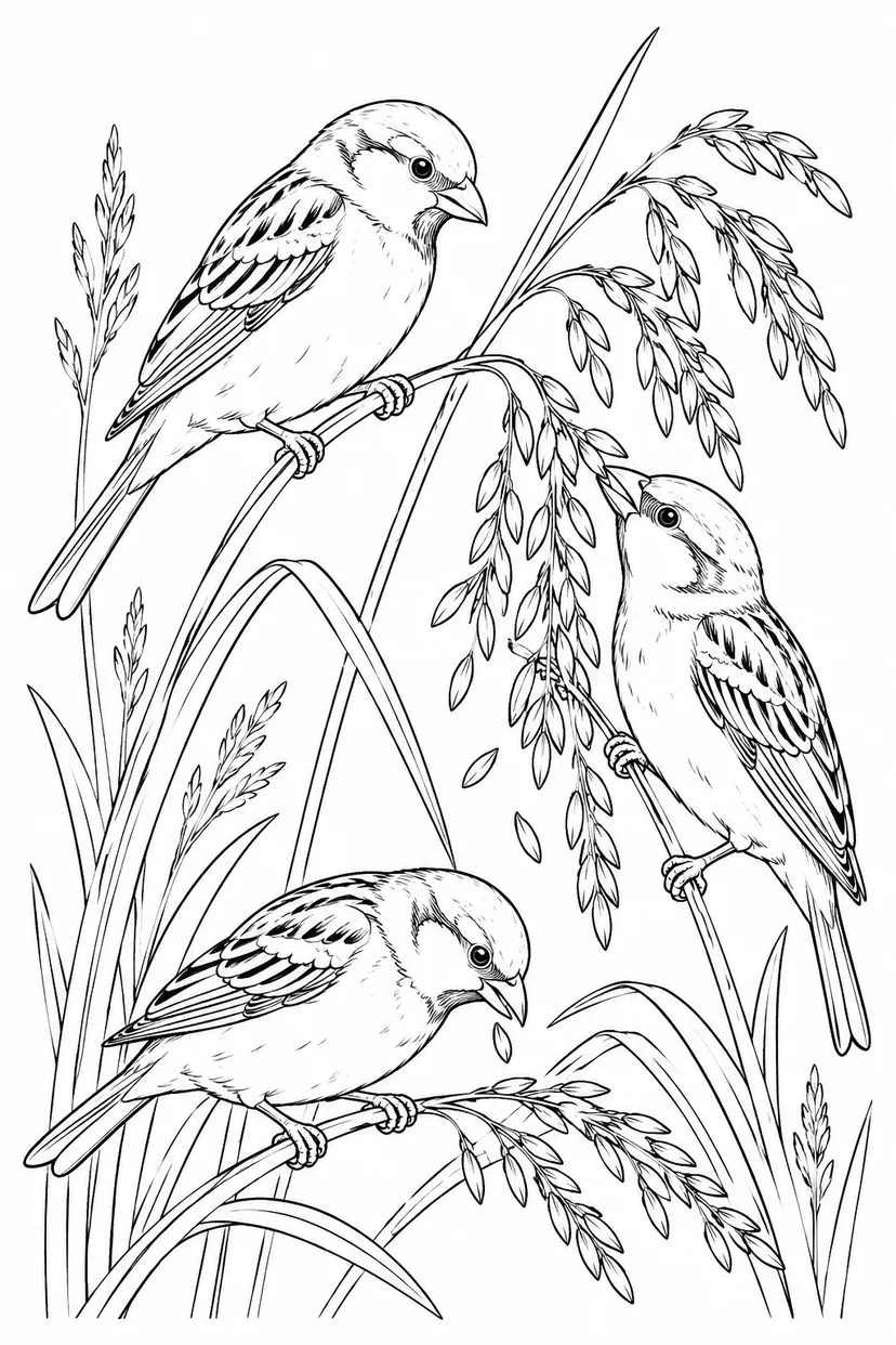 観察スケッチ：スズメと草の種の塗り絵