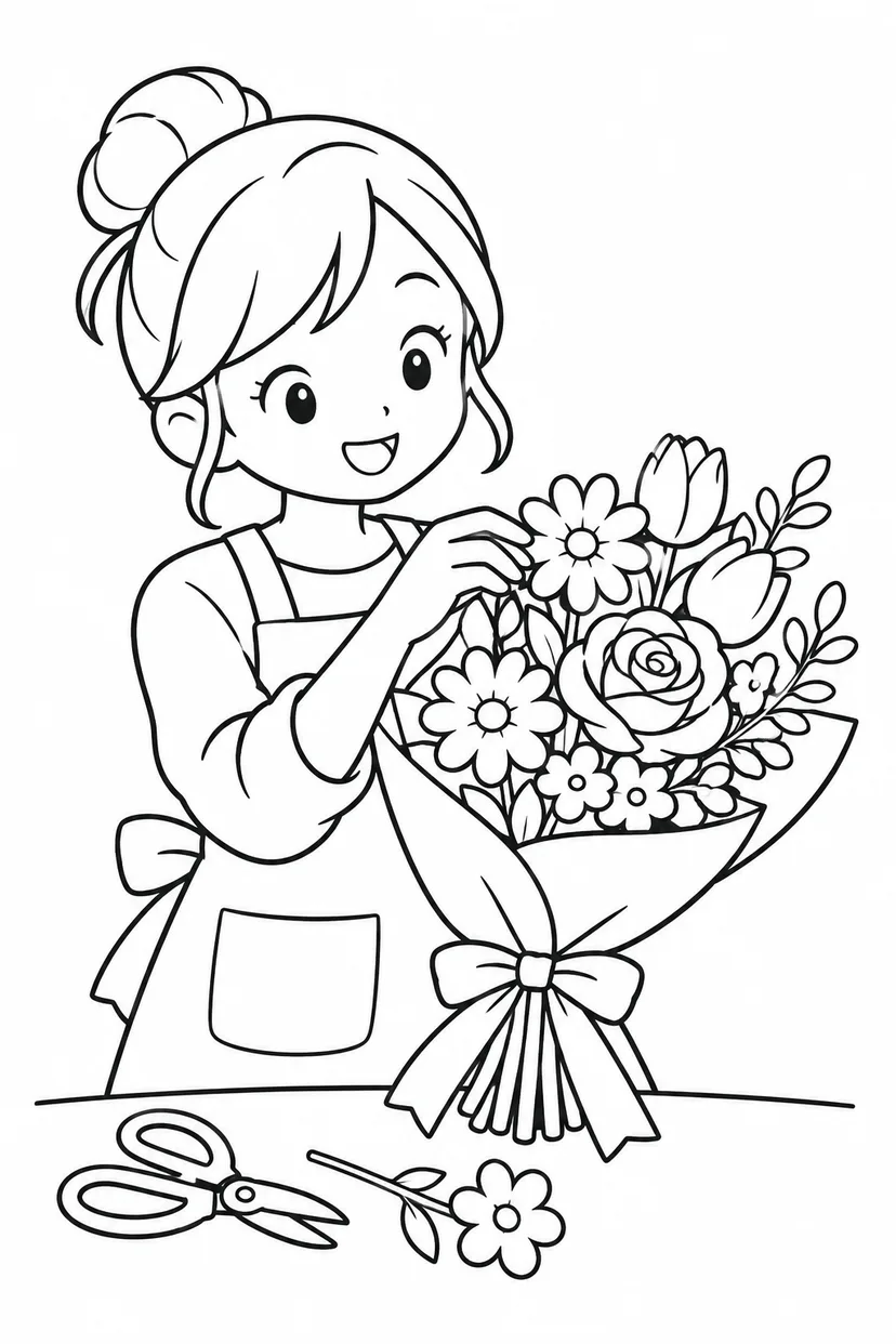 花屋さんと花束の塗り絵