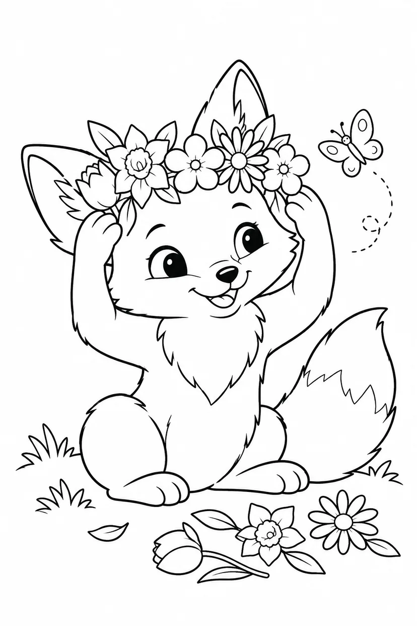 こぎつねの花かんむり作りの塗り絵