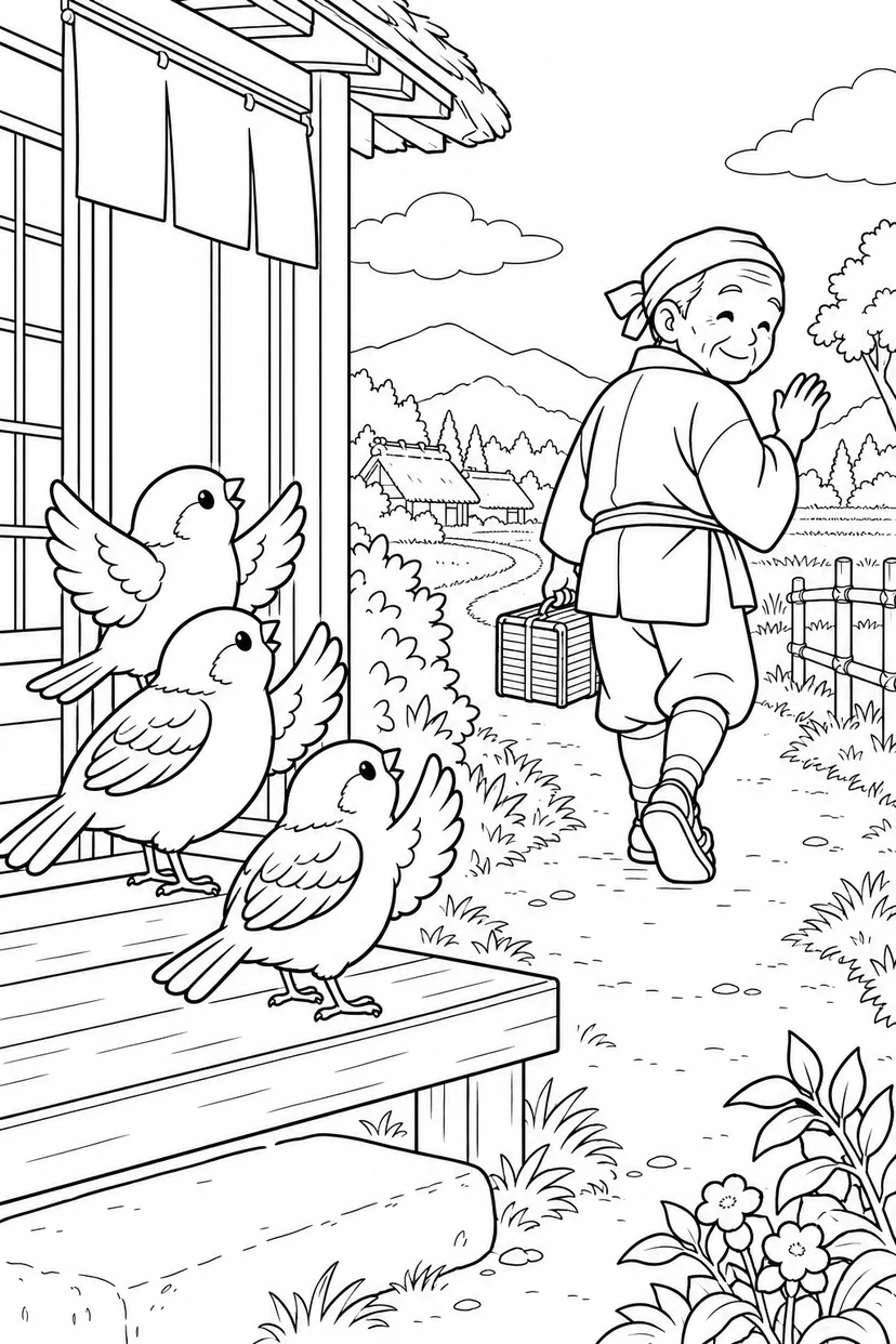 したきりすずめ：手をふるすずめのお見送りの塗り絵