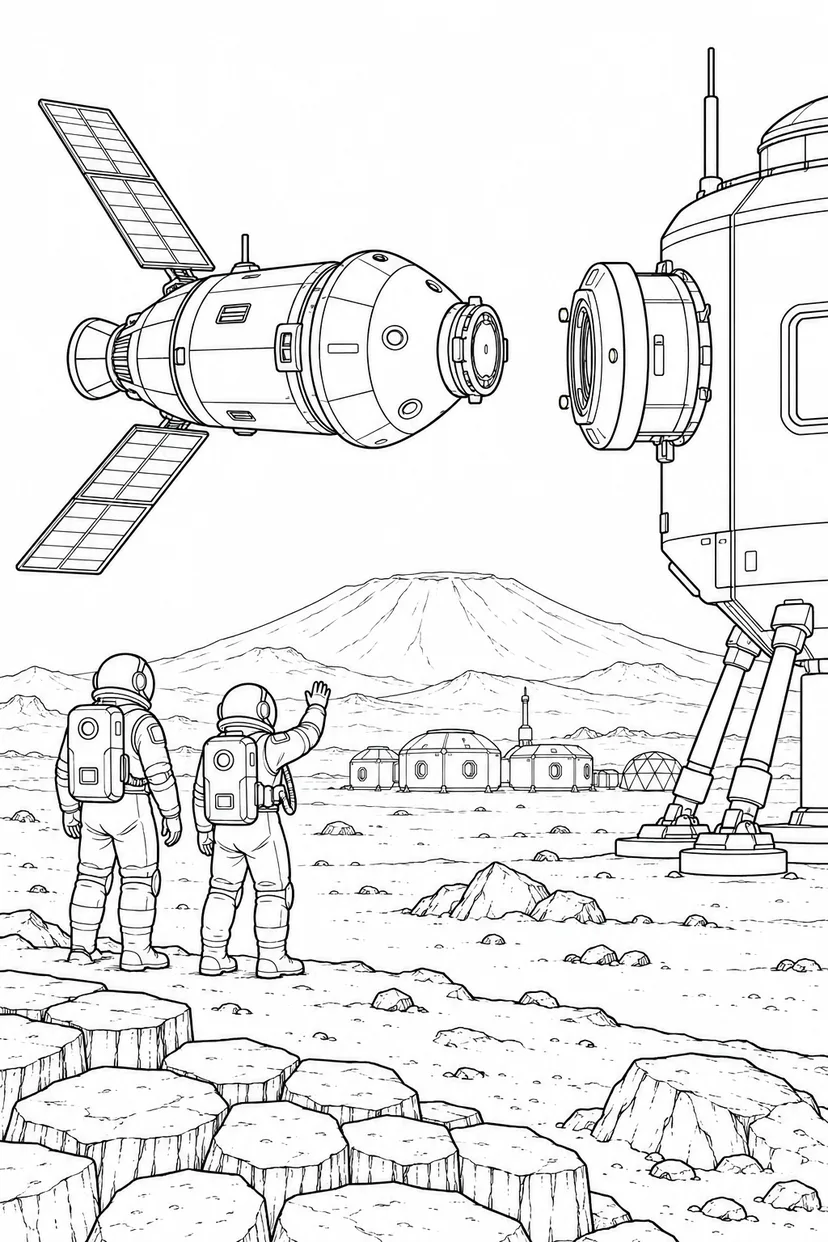 火星の火山平原基地：補給船のドッキングの塗り絵