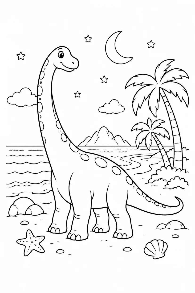 ディプロドクスと月の砂浜の塗り絵