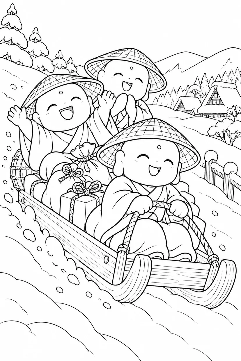 かさじぞう・おじぞうさまのそり便の塗り絵