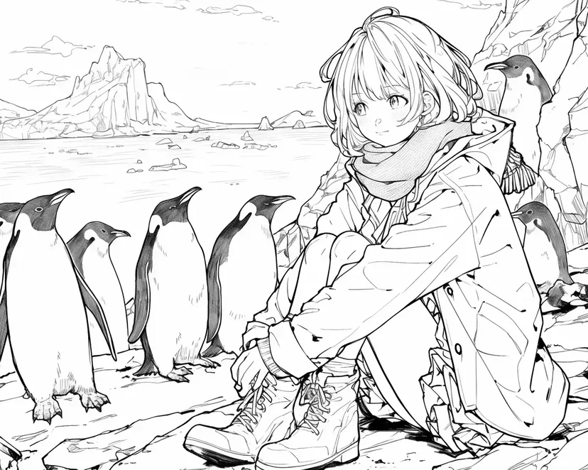 ペンギンたちと少女の冒険の塗り絵