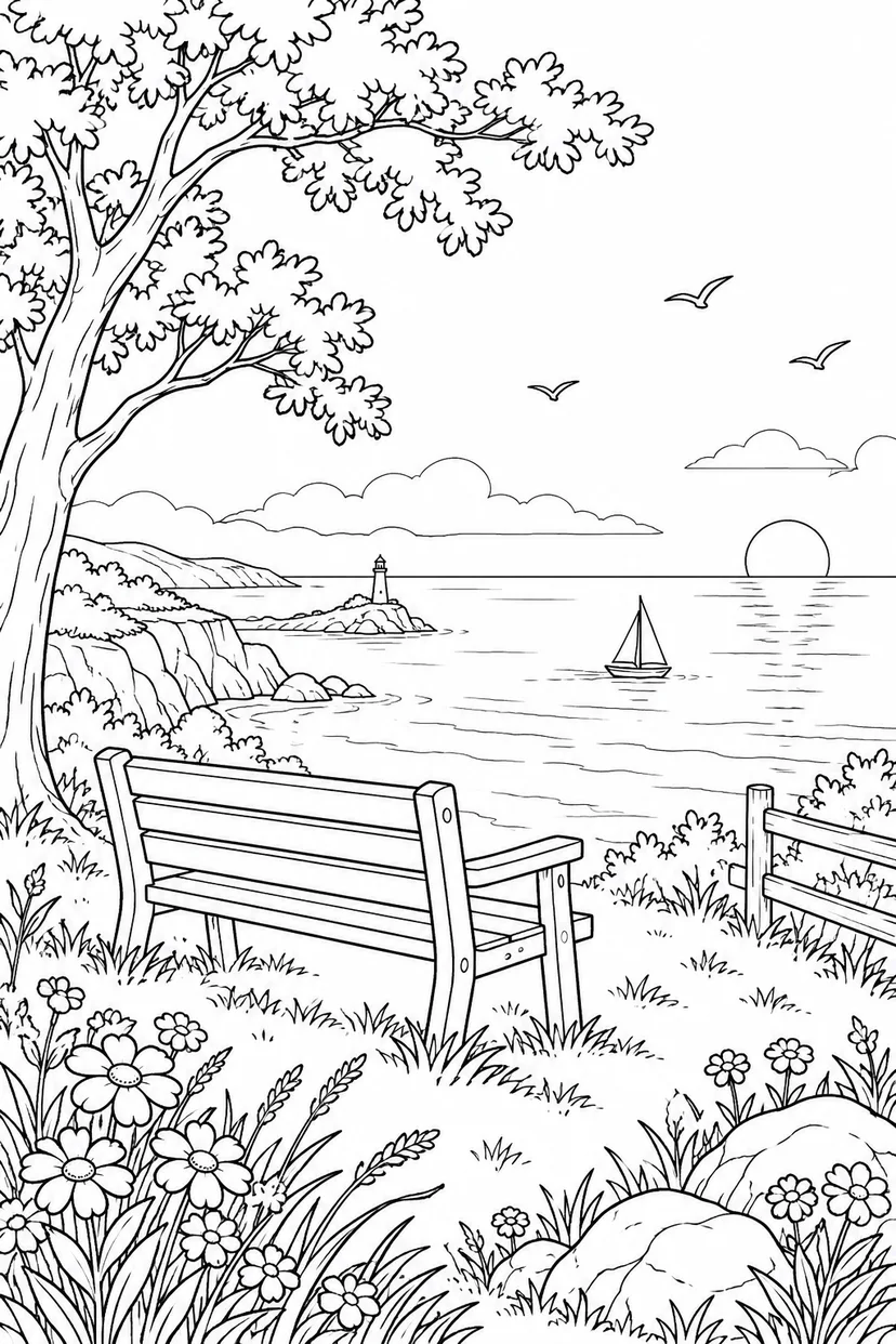 海を見下ろす草原のベンチの塗り絵